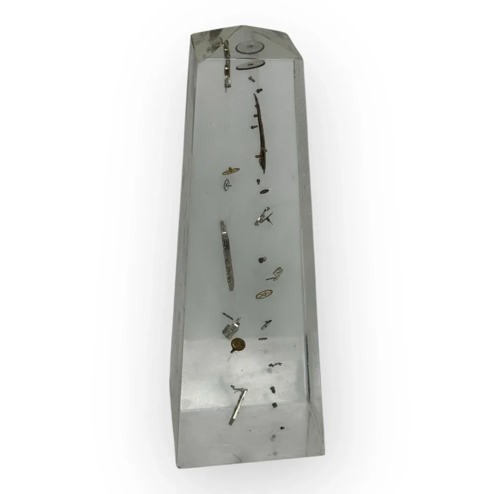 VTG Lucite Exploded‎ Clock Paperweight Pierre Giraudon Style Watch Parts Art MCM